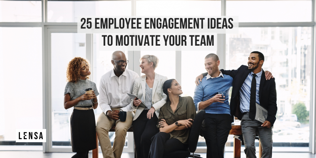 Employees discussing ideas and laughing together at work